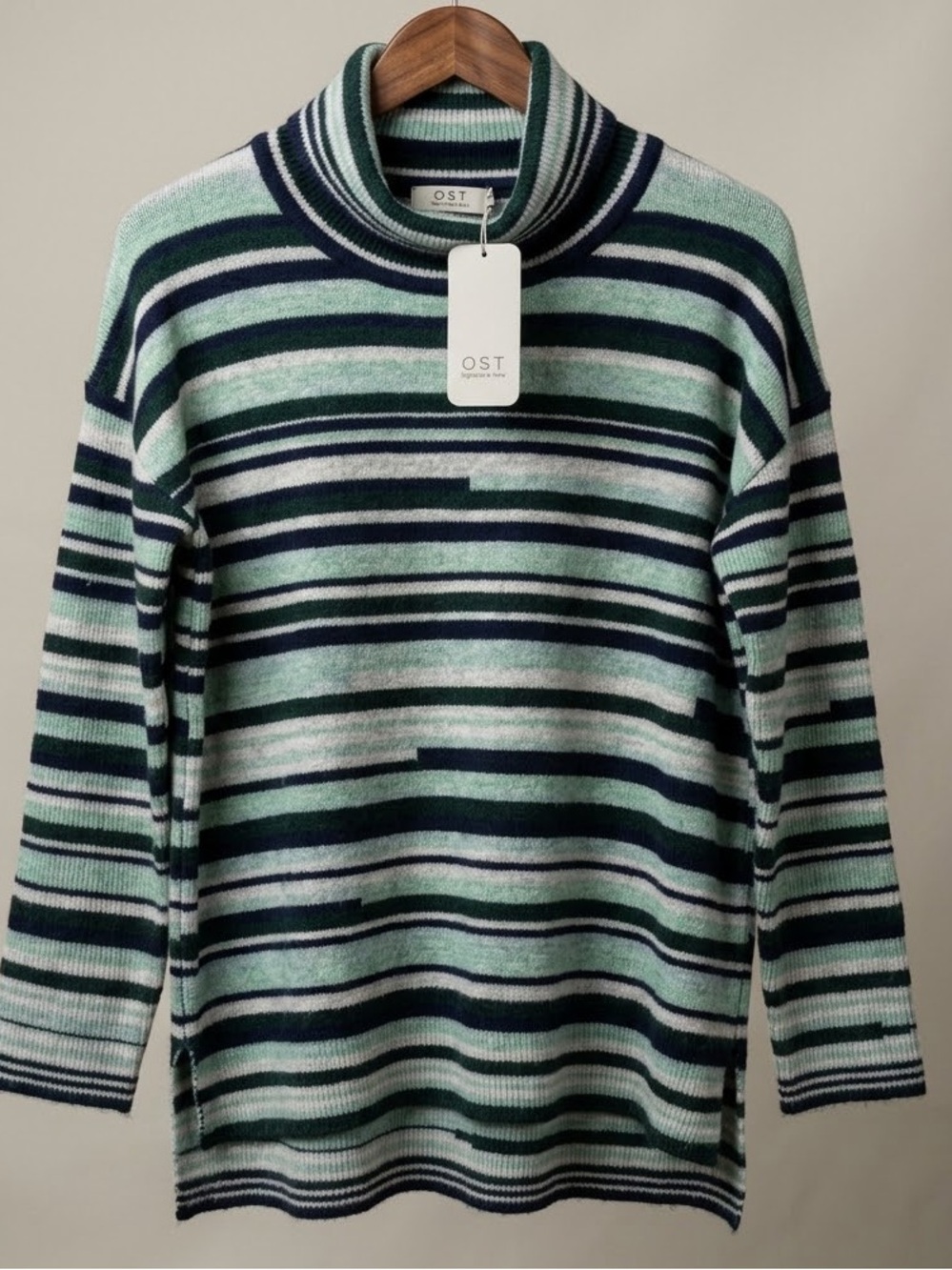 OST Apparel French Stripe Turtleneck Sweater NWT L Midnight Mint